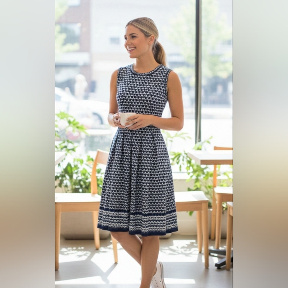 Max Studio Navy and White Geometric Midi Dress Sleeveless print Scoop Neck